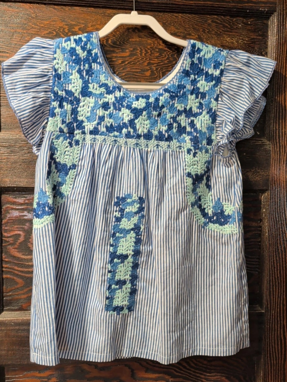 Women's Striped Blue Embroidered Smocked Blouse